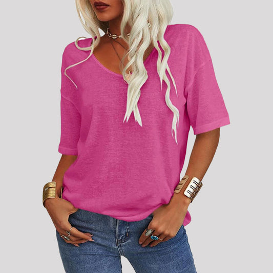 Dames-T-shirt met effen kleur V-hals