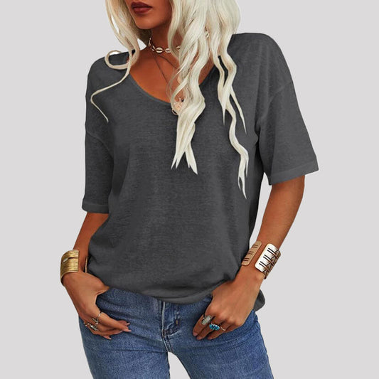 Dames-T-shirt met effen kleur V-hals