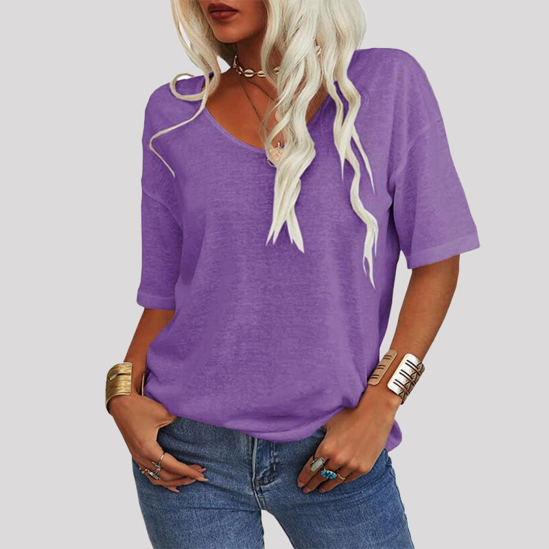 Dames-T-shirt met effen kleur V-hals