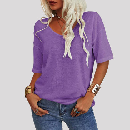 Dames-T-shirt met effen kleur V-hals