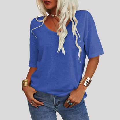 Dames-T-shirt met effen kleur V-hals