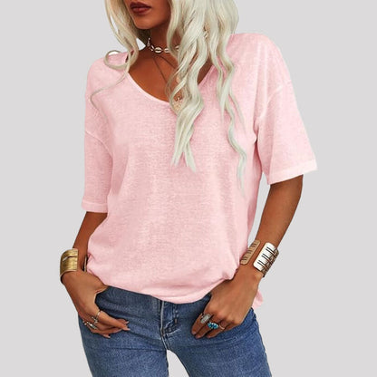 Dames-T-shirt met effen kleur V-hals