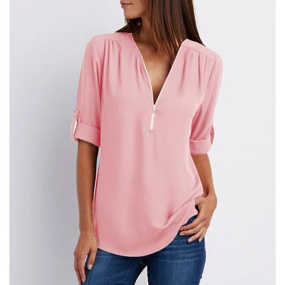 Grote maat 3/4 mouw los chiffon shirt met V-hals en ritssluiting