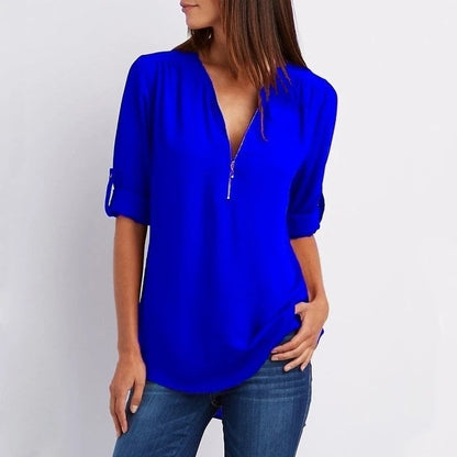 Grote maat 3/4 mouw los chiffon shirt met V-hals en ritssluiting