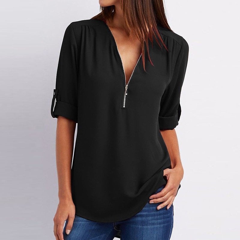 Grote maat 3/4 mouw los chiffon shirt met V-hals en ritssluiting