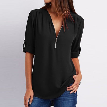 Grote maat 3/4 mouw los chiffon shirt met V-hals en ritssluiting