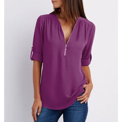 Grote maat 3/4 mouw los chiffon shirt met V-hals en ritssluiting