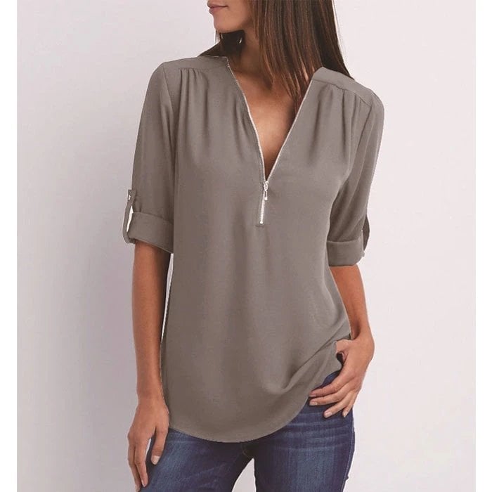 Grote maat 3/4 mouw los chiffon shirt met V-hals en ritssluiting