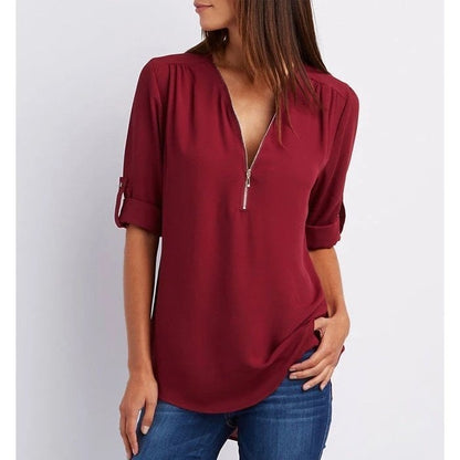 Grote maat 3/4 mouw los chiffon shirt met V-hals en ritssluiting