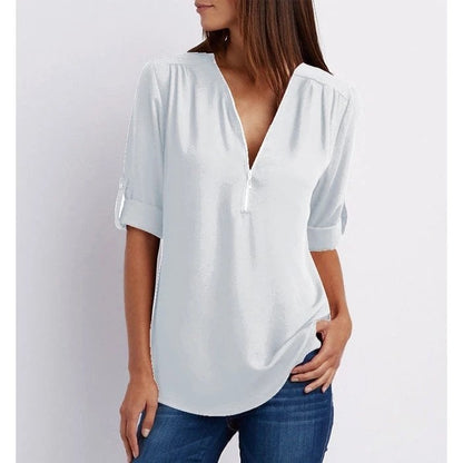 Grote maat 3/4 mouw los chiffon shirt met V-hals en ritssluiting