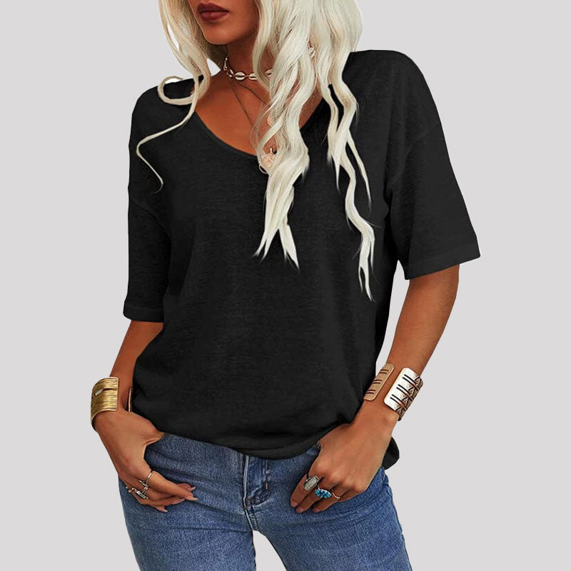 Dames-T-shirt met effen kleur V-hals