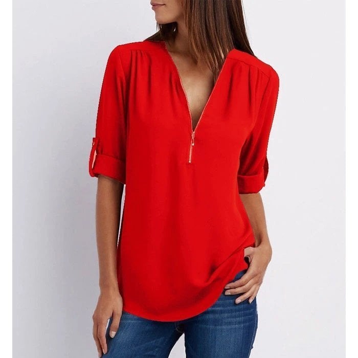 Grote maat 3/4 mouw los chiffon shirt met V-hals en ritssluiting