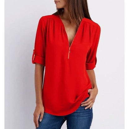 Grote maat 3/4 mouw los chiffon shirt met V-hals en ritssluiting