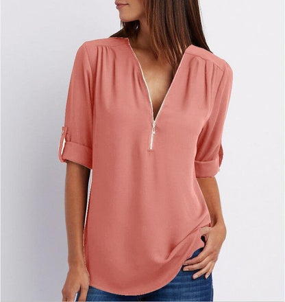 Grote maat 3/4 mouw los chiffon shirt met V-hals en ritssluiting